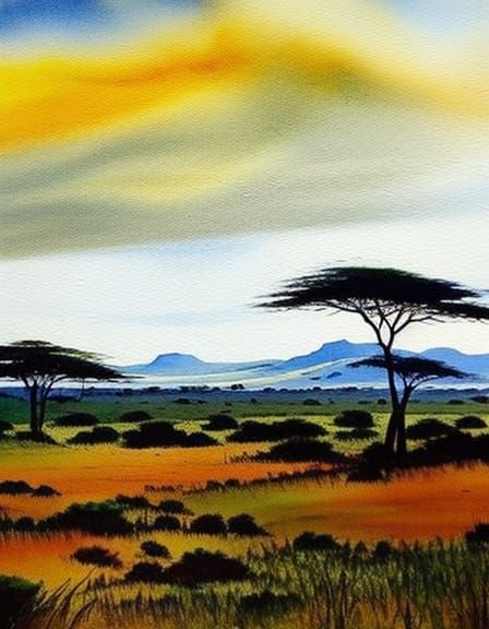 African savannah, epic landscape, Watercolor, watercolor, watery, sharp details, paint drops, colorful
