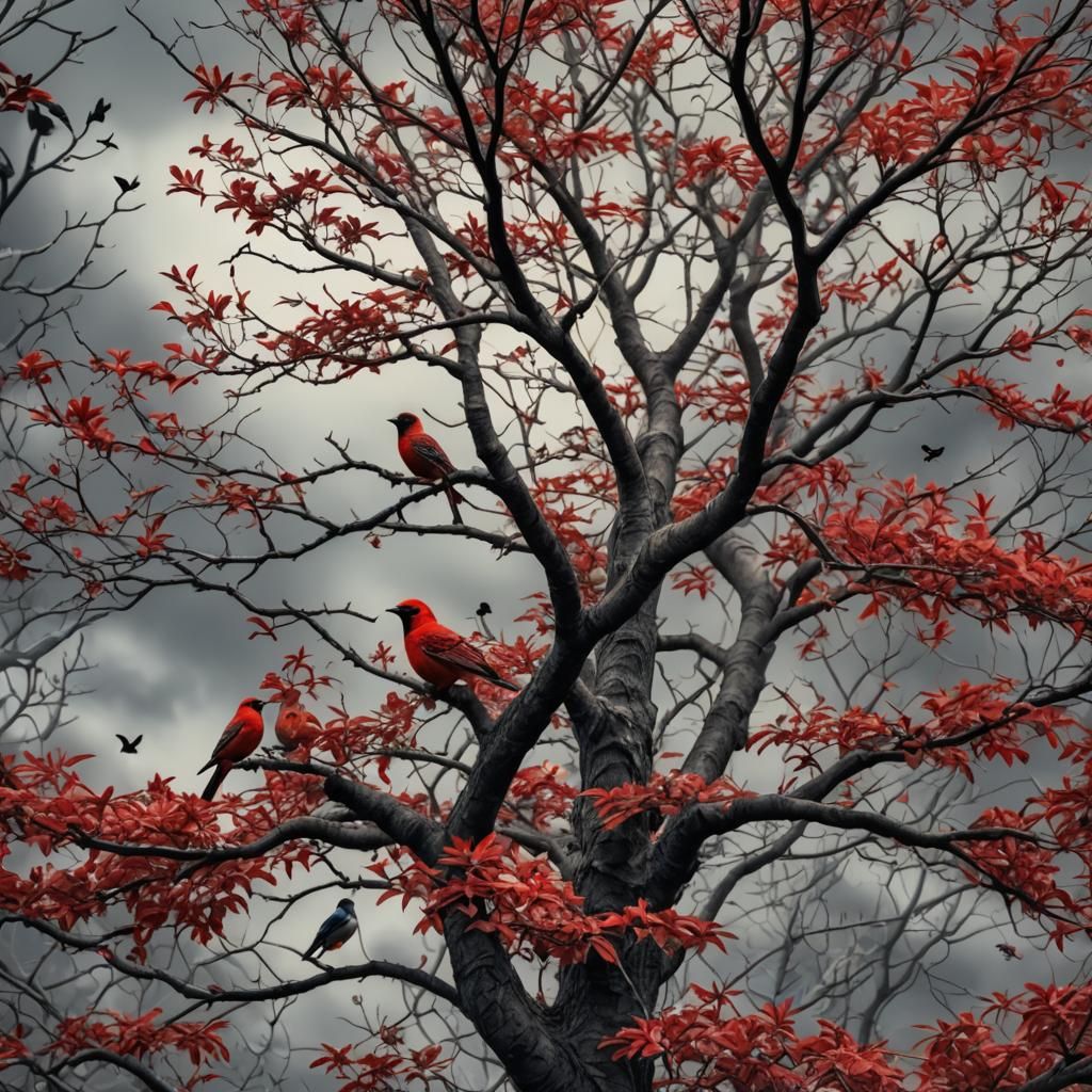 Hyperrealistic Red Foliage Tree with Birds