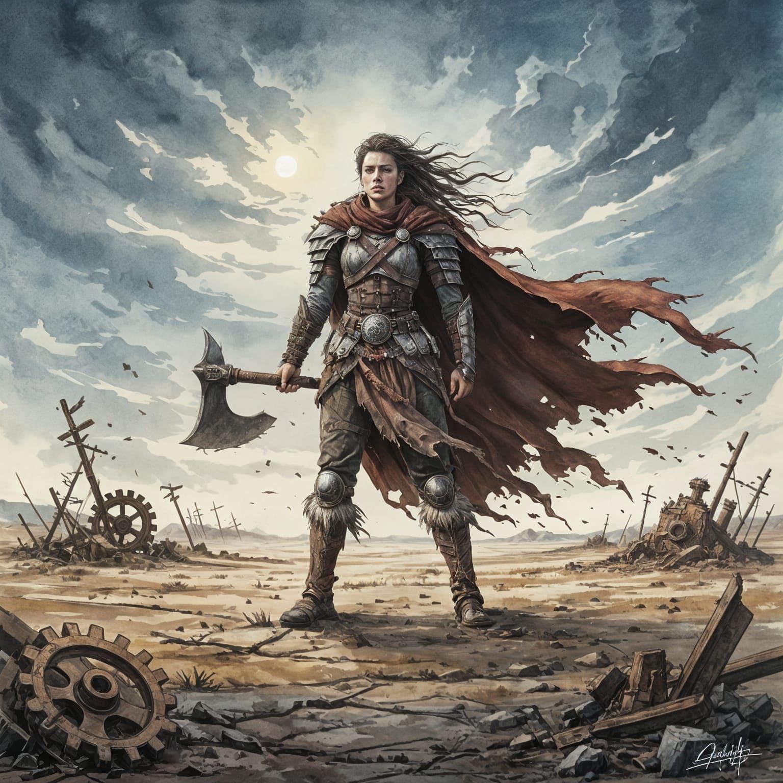 Barbarian Warrior on Windswept Plain in Watercolor Concept A...