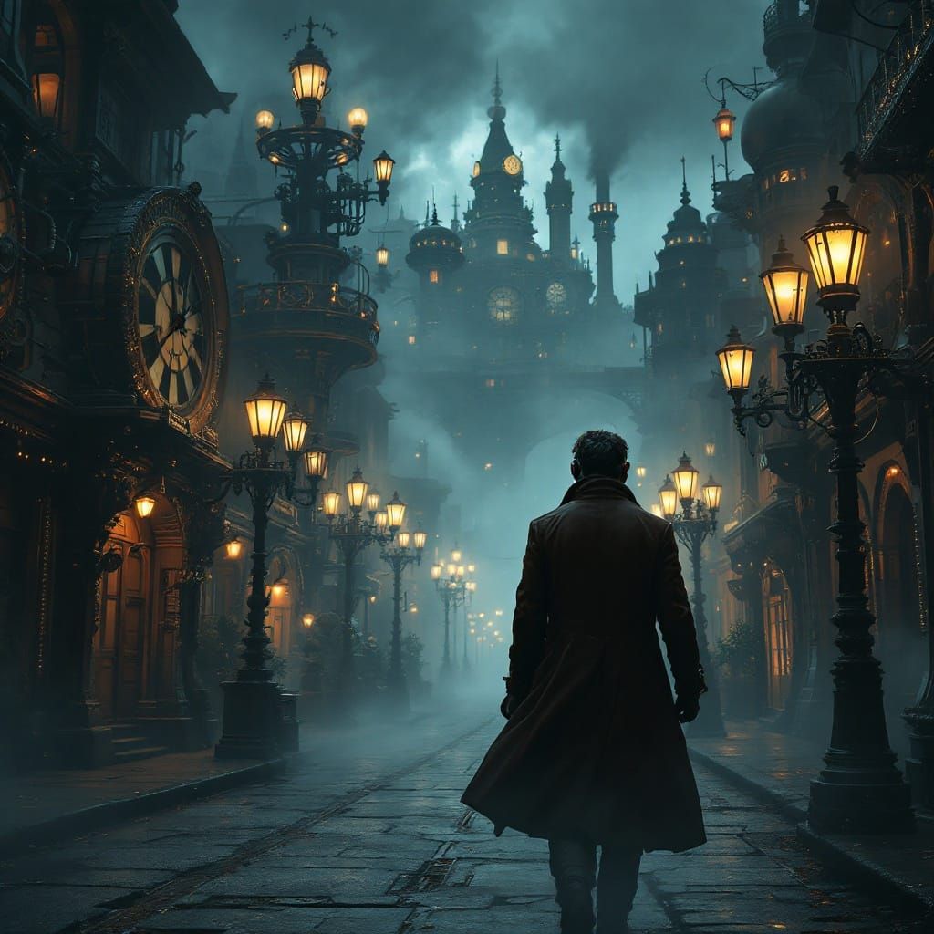 Steampunk Man Walks Down Misty Street at Night