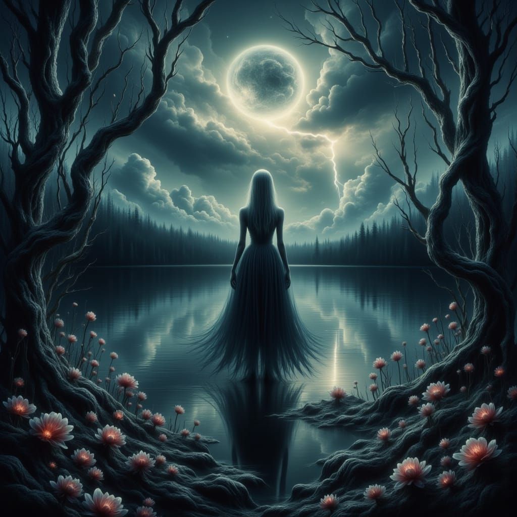 Ethereal Moonlit Landscape with Twisted Trees and Dark Flowe...