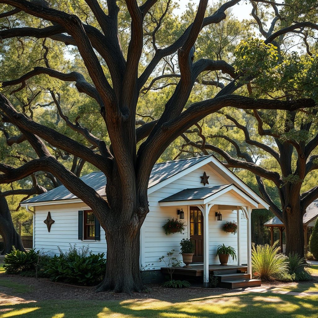 Small White House surrounded by Oak Trees