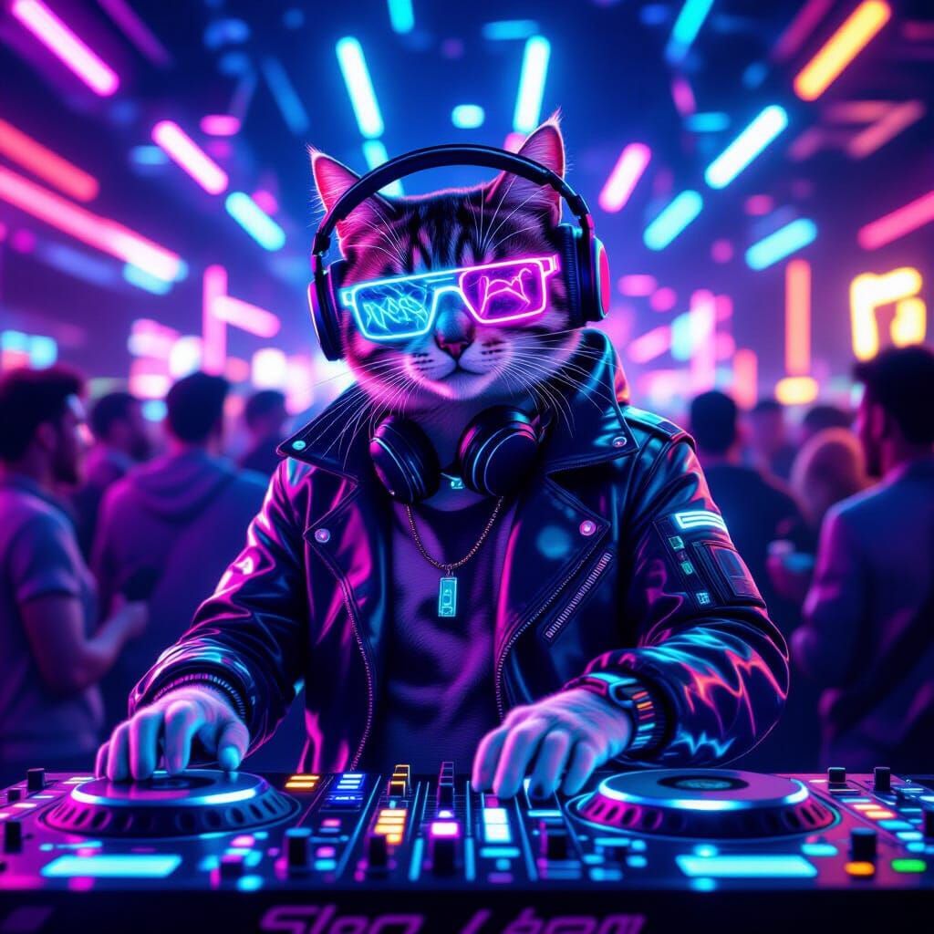 Cyberpunk DJ Cat Mixing Music in Neon Nightclub