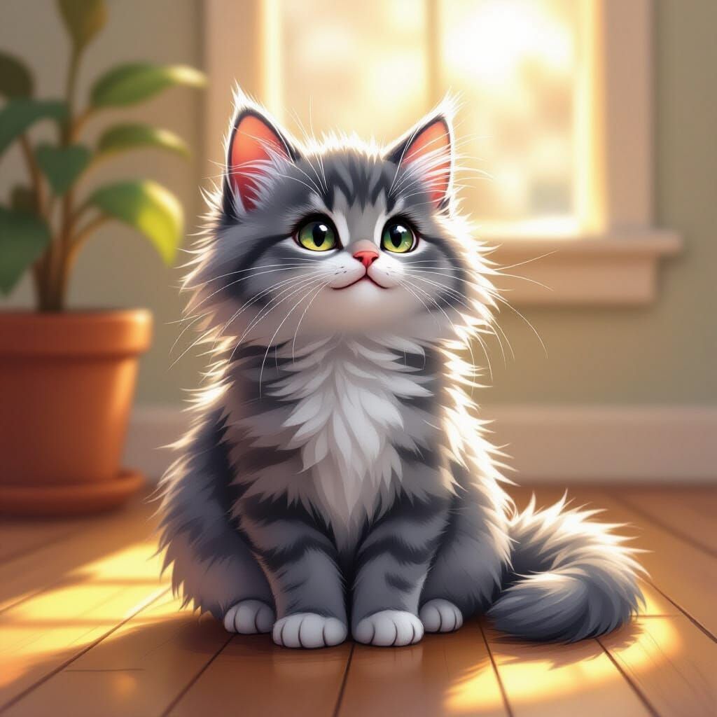 Fluffy Grey Cat with Prickly Fur in Watercolor Style