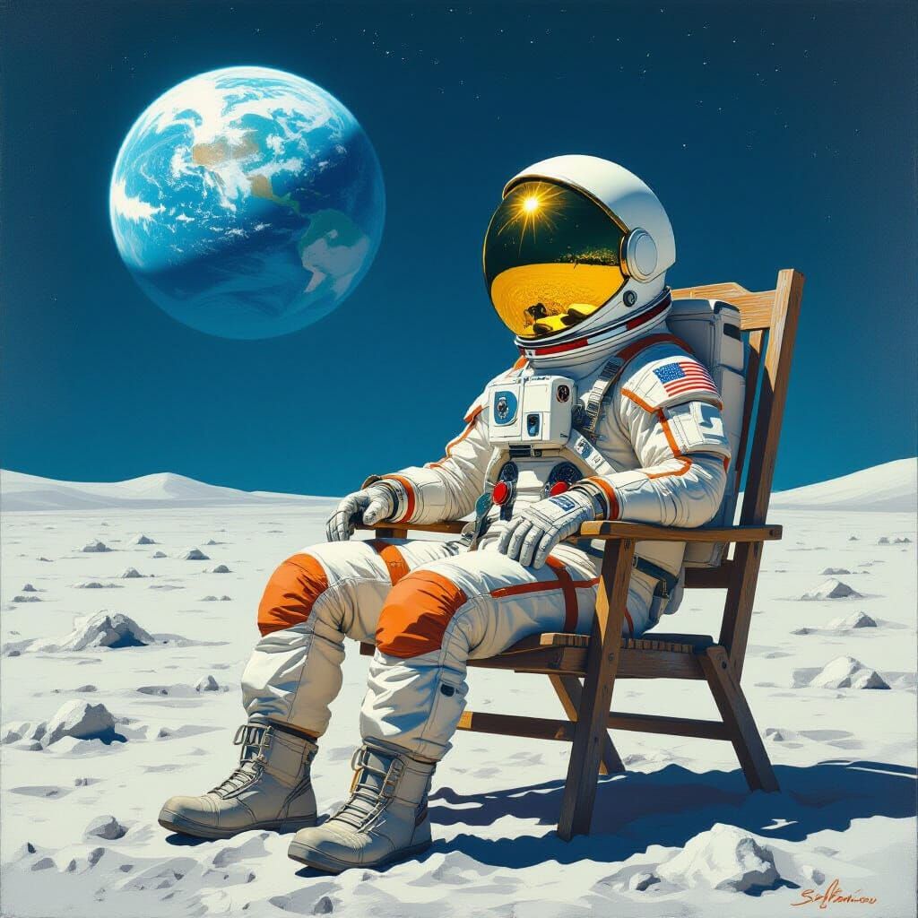 Astronaut on Lunar Surface Reflecting Earth