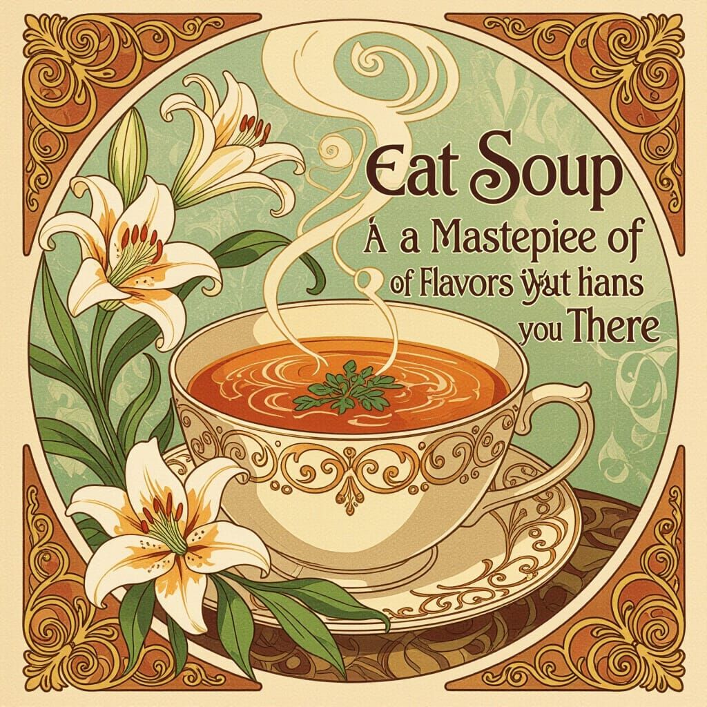 Art Nouveau Soup Illustration with Lilies