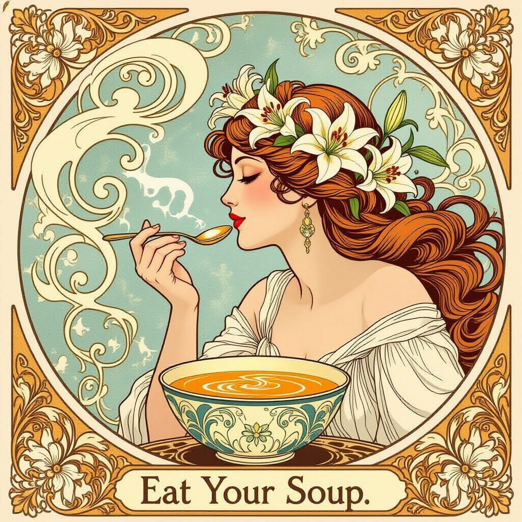 Art Nouveau Woman Enjoys Golden Soup