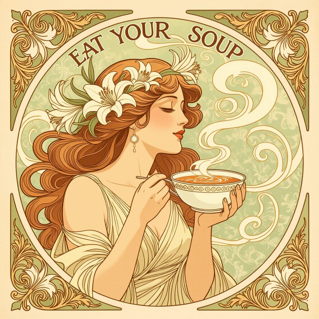 Art Nouveau Woman Enjoys Steaming Soup in Golden Glow