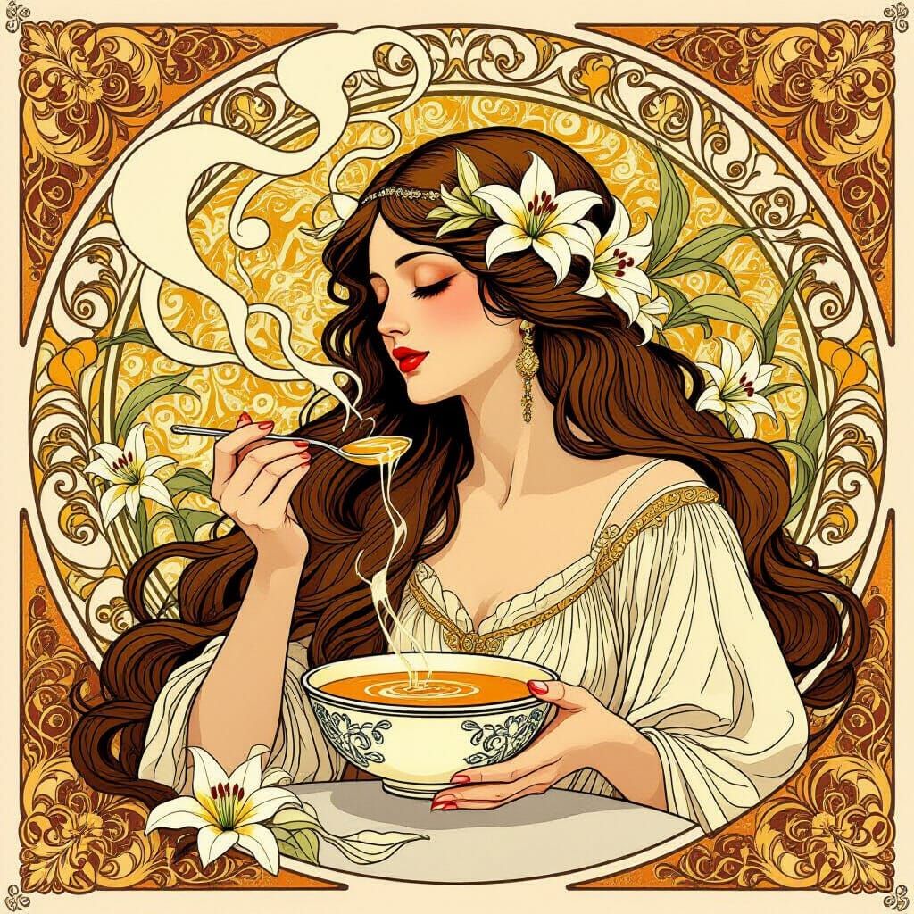 Art Nouveau Woman Enjoys Soup in Golden Hues