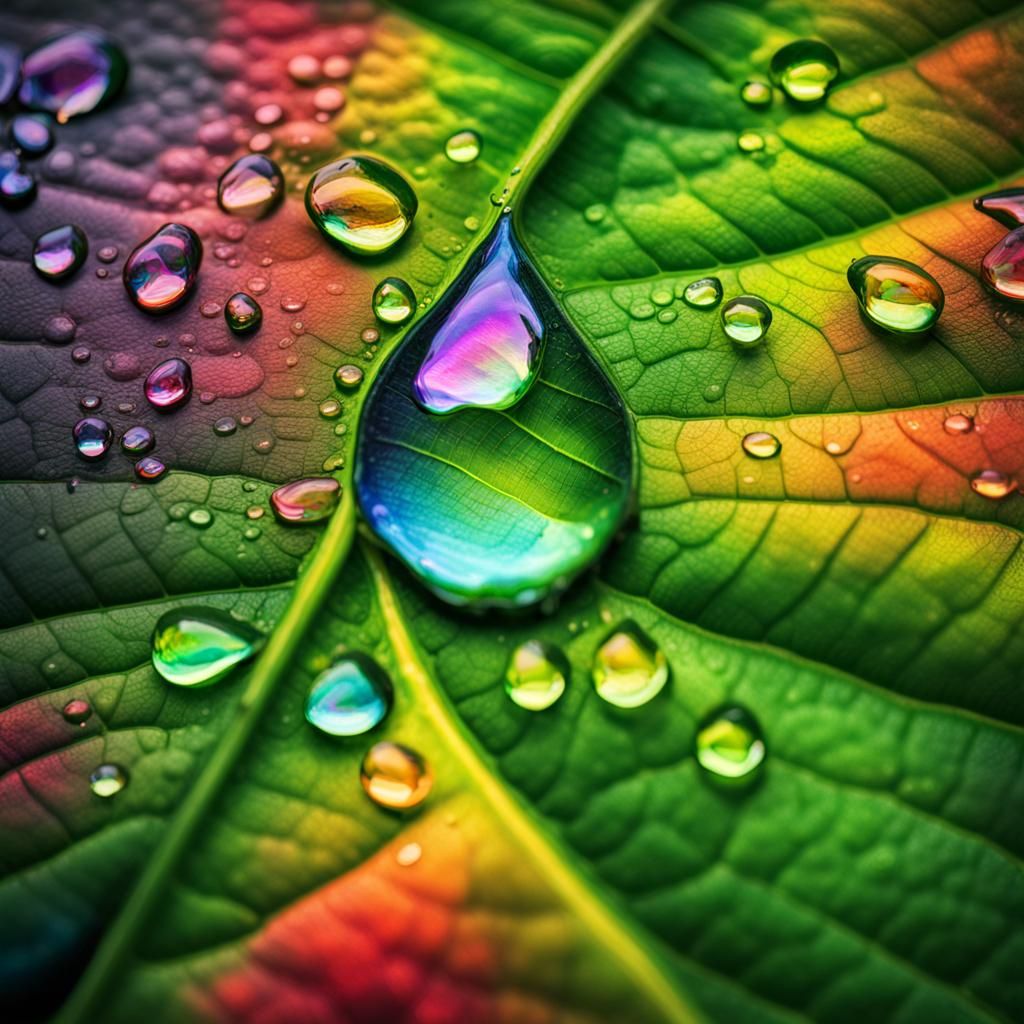 Iridescent Water Droplet on Green Leaf