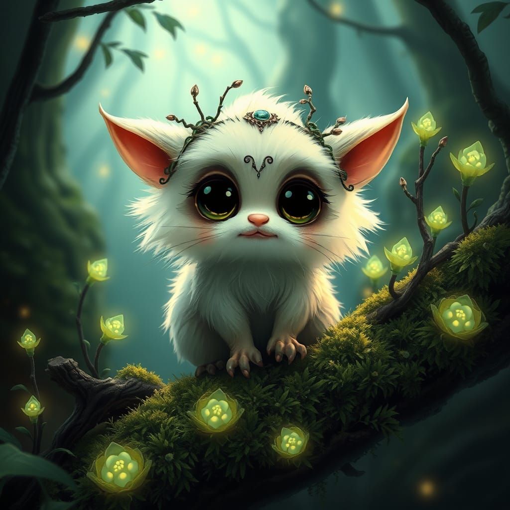 Fluffy Creature in Enchanted Forest, Dark Fantasy Style