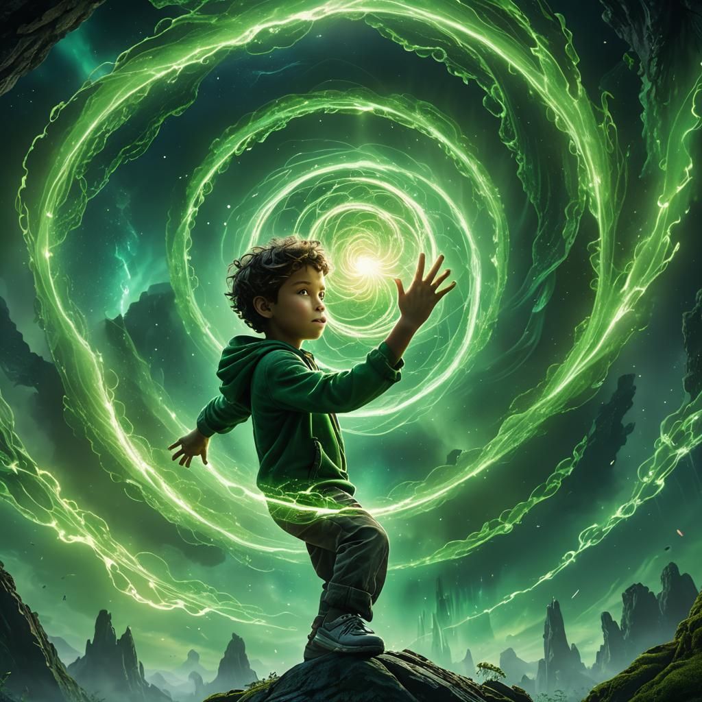 Child Ascends with Green Energy Aura