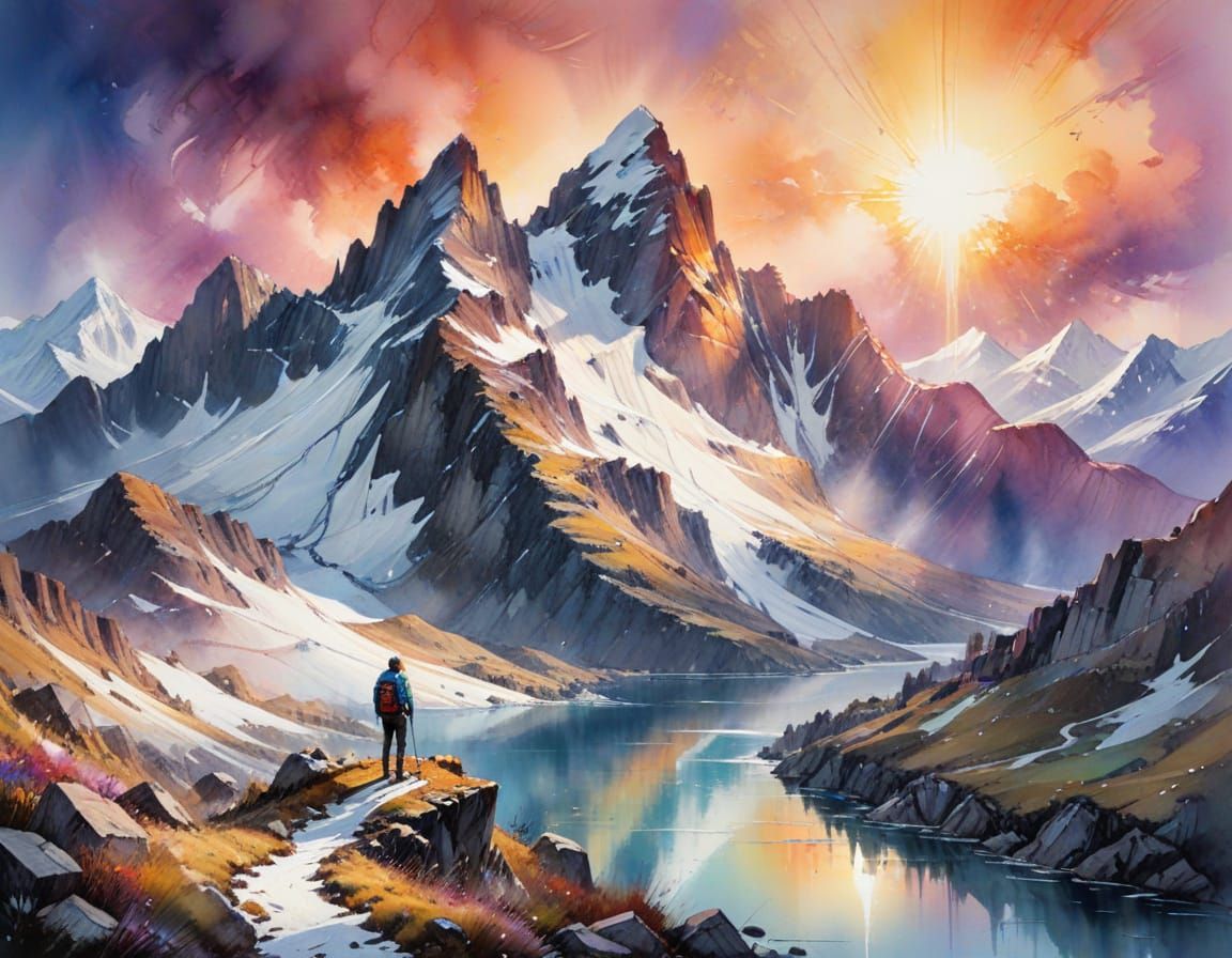 Rainbow Sunset Over Mountain Lake with Sailing Boat