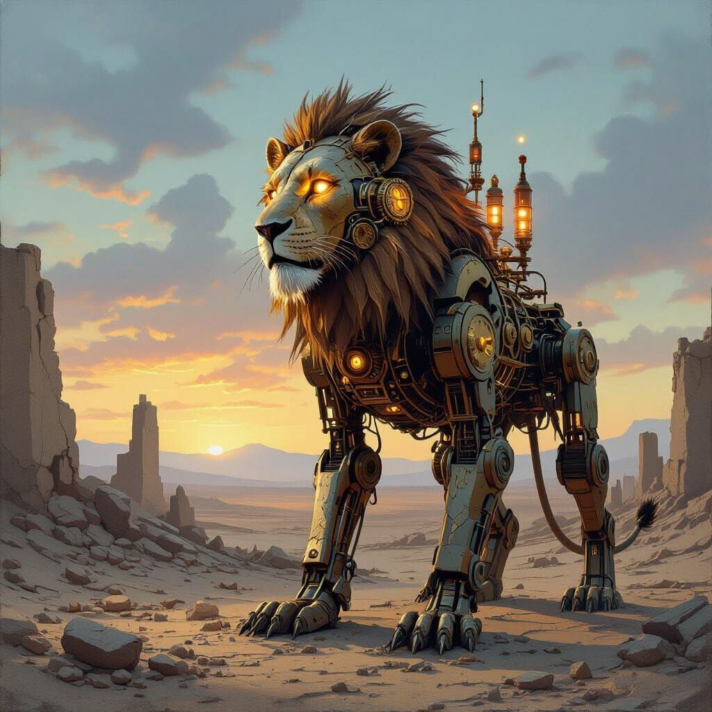 Steampunk Lion Automaton in Desert Ruins