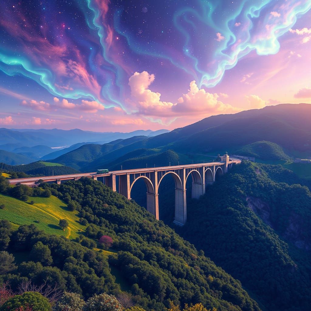 Majestic Viaduct Over Emerald Countryside Illustration