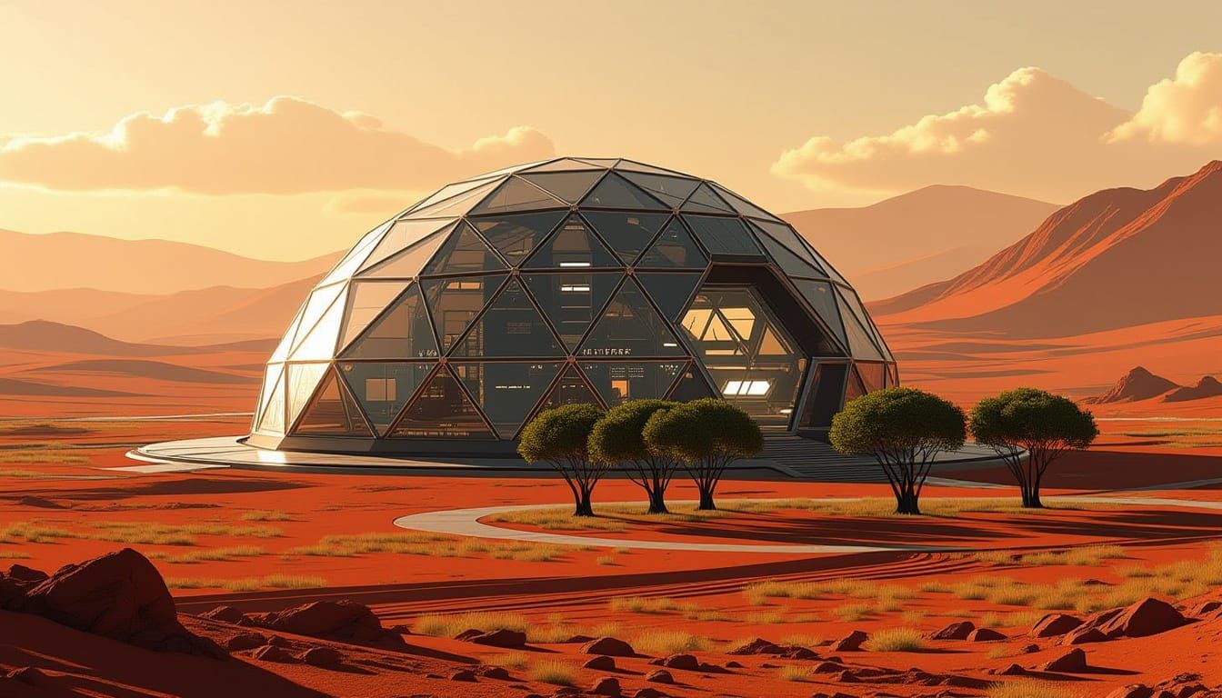 Hexagonal Martian Survival Dome with Sci-Fi Concept Art Styl...