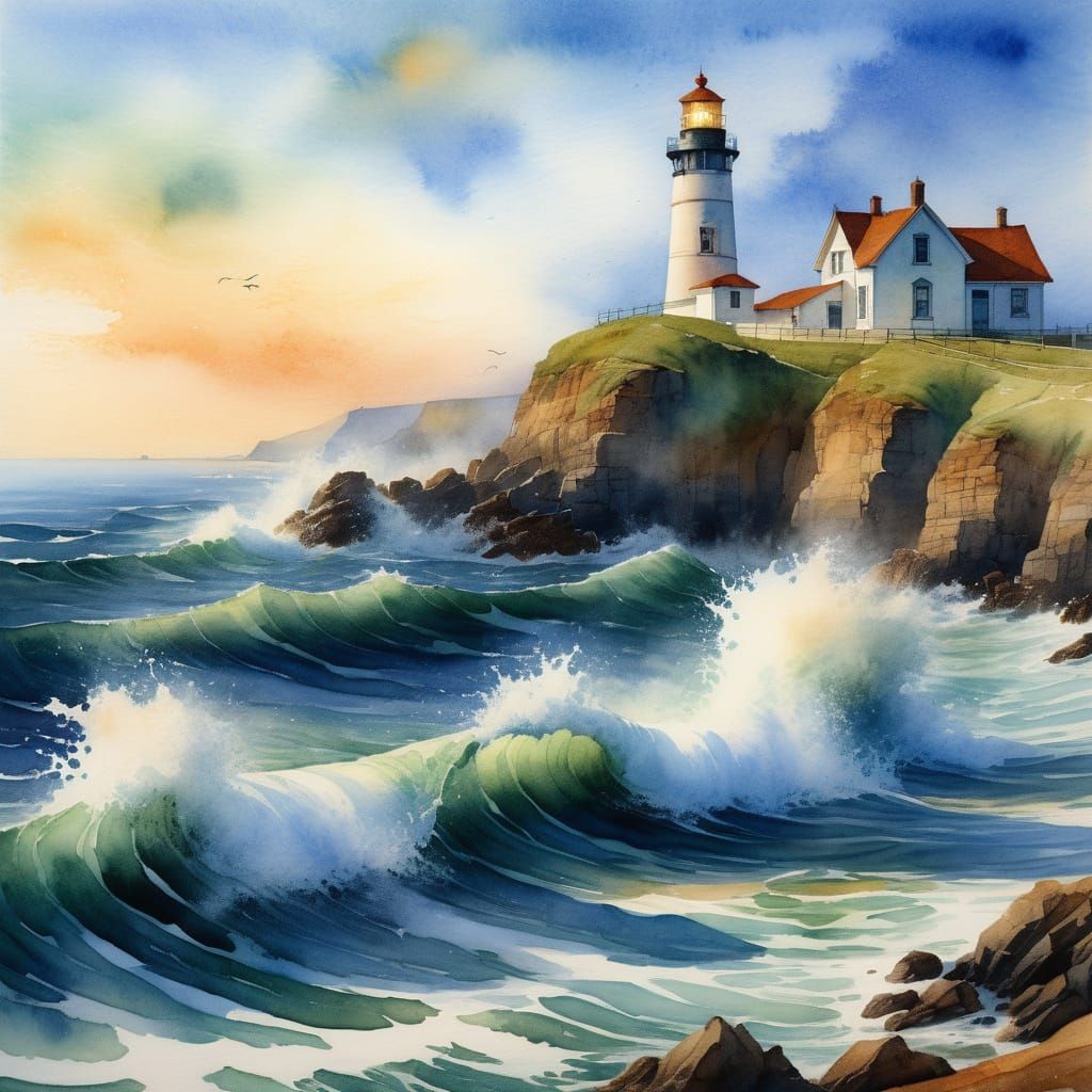 Lighthouse Shines Golden Light: Watercolor Painting