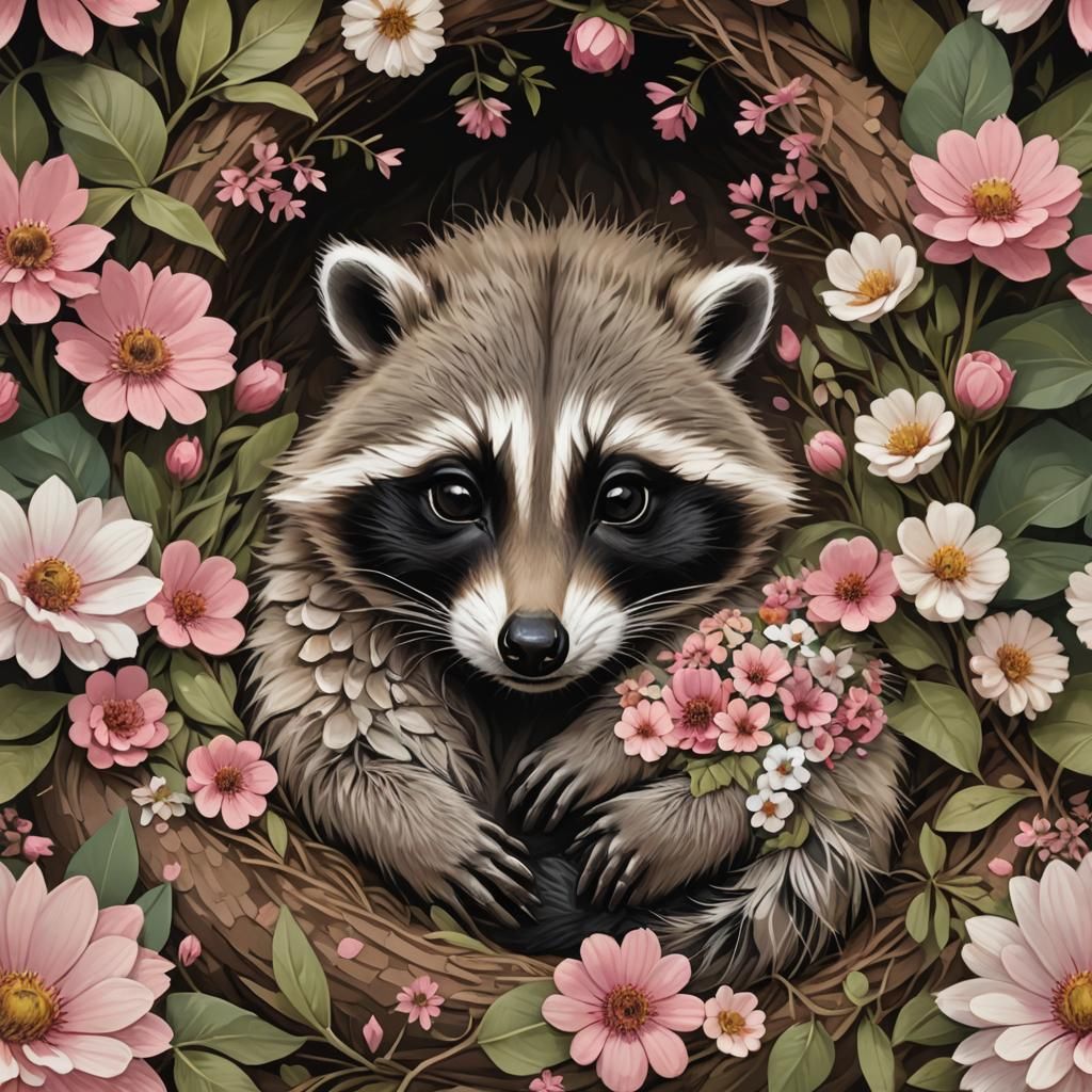 Baby Raccoon in Floral Burrow: Digital Art