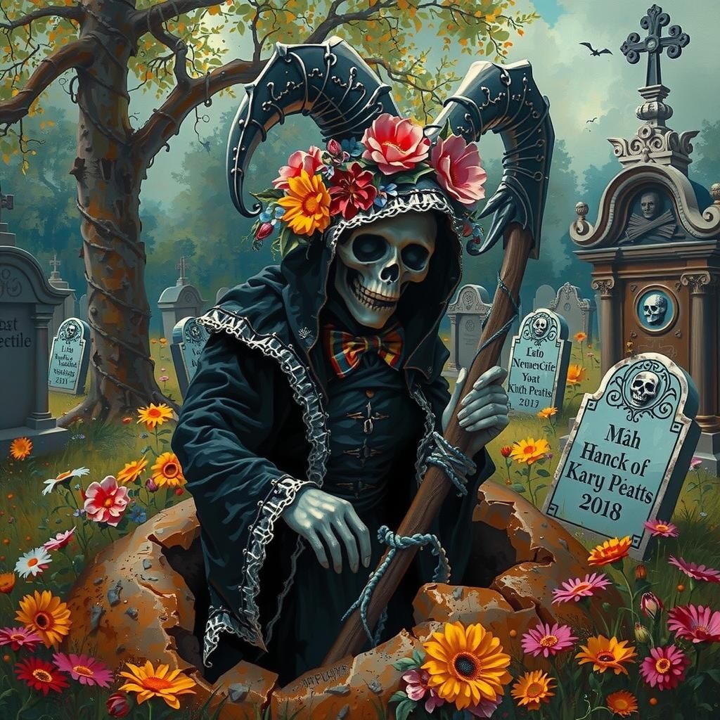 Mr. Grim Reaper digging himself out of a deep  grave at a colorful cemetery
