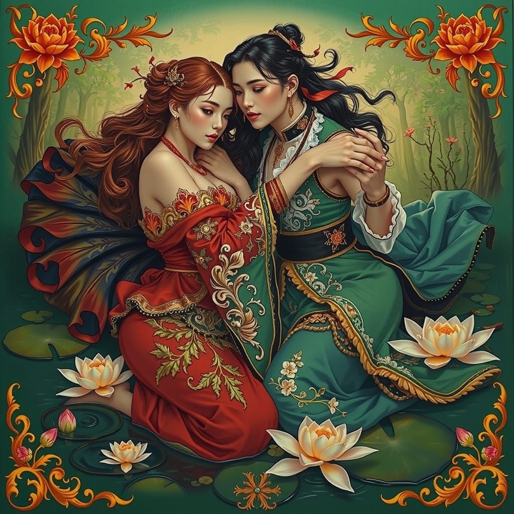 Embracing Figures in Ornate Floral Attire