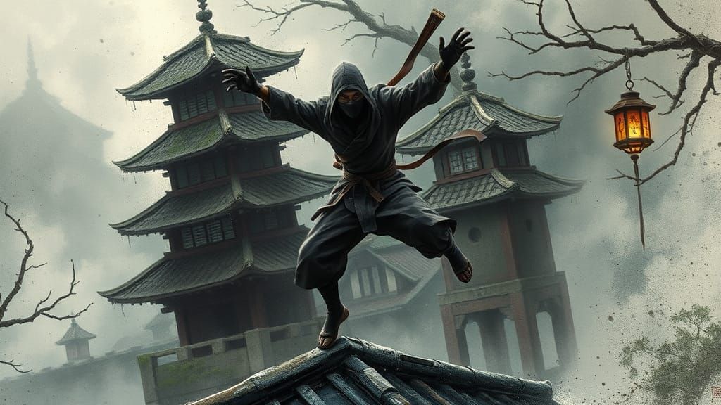 Dynamic Ninja Leaping in Ancient Japan Art