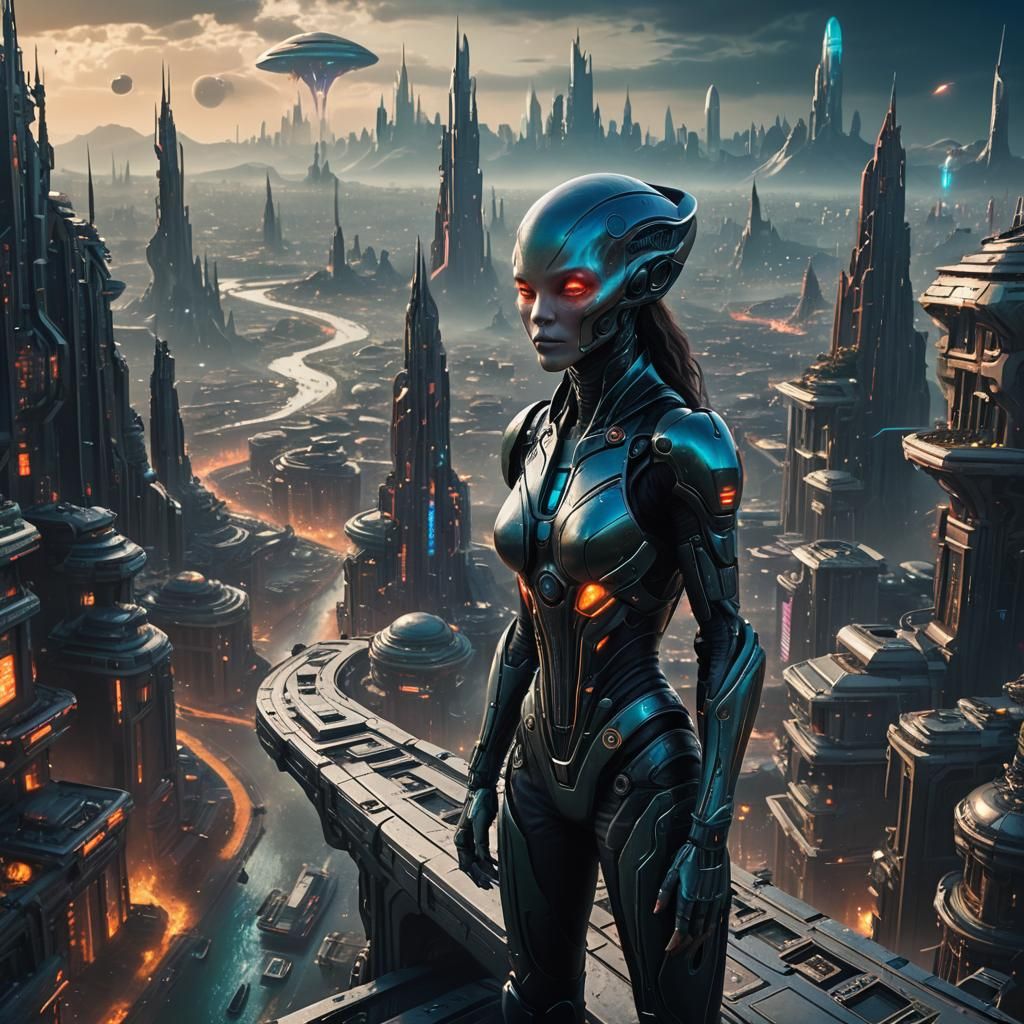 Futuristic Alien Women Admire Distant Cityscape