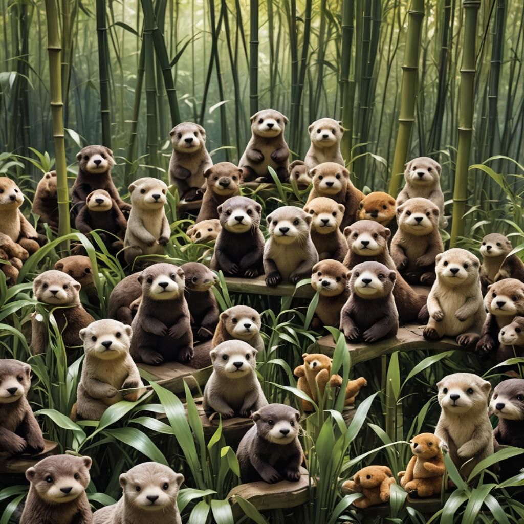 in a glass bamboo forest, a table of stuffed animal otters are having a gathering of friends, with cute stuffed animals ...