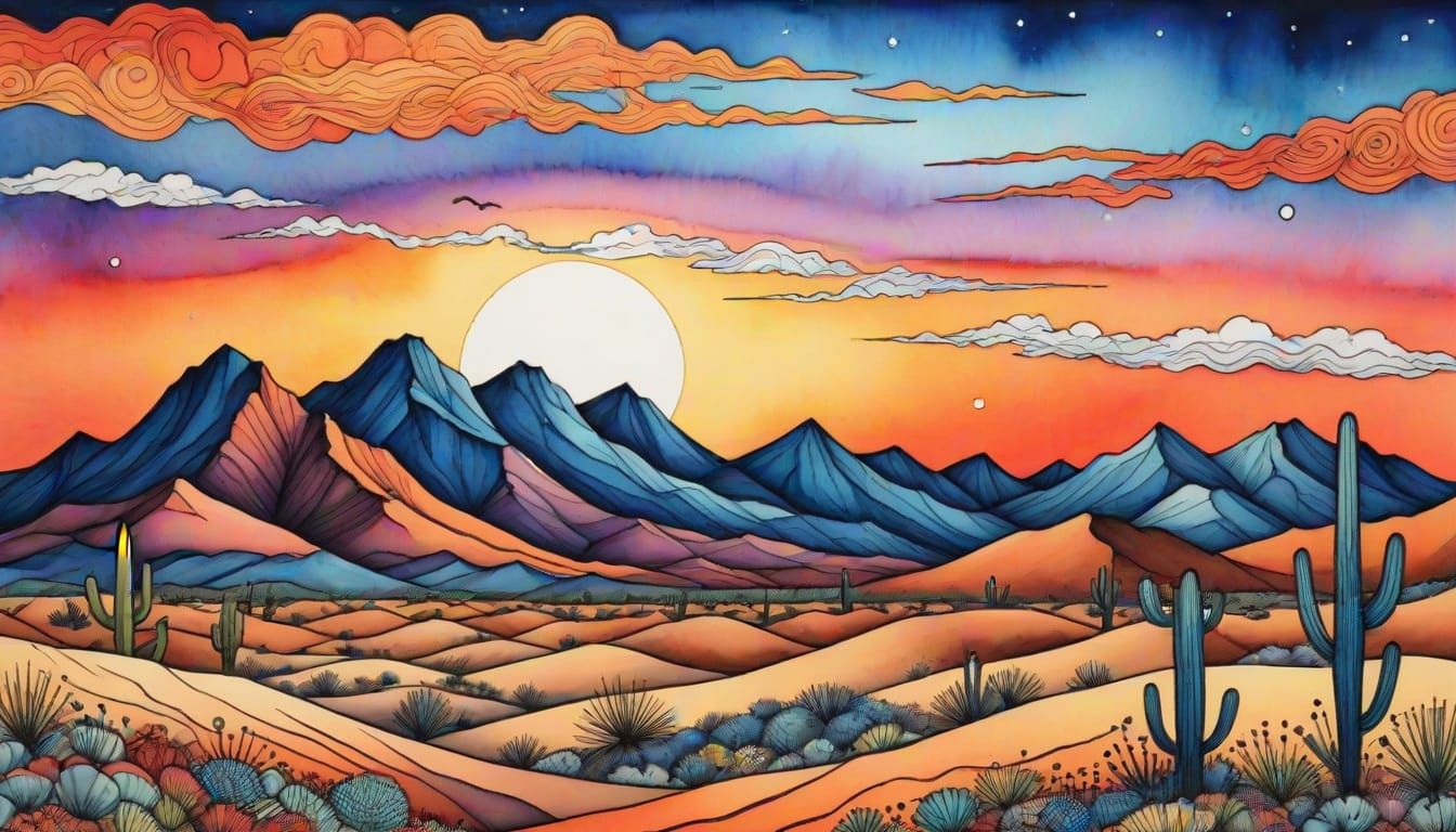 Spectacular Desert Sunset in Vibrant Ink and Watercolor