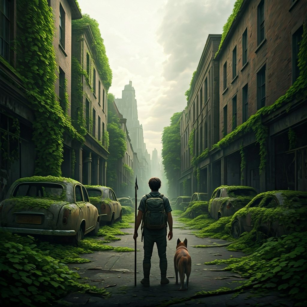 Dystopian UK High Street Scene with Adventurer and Dog