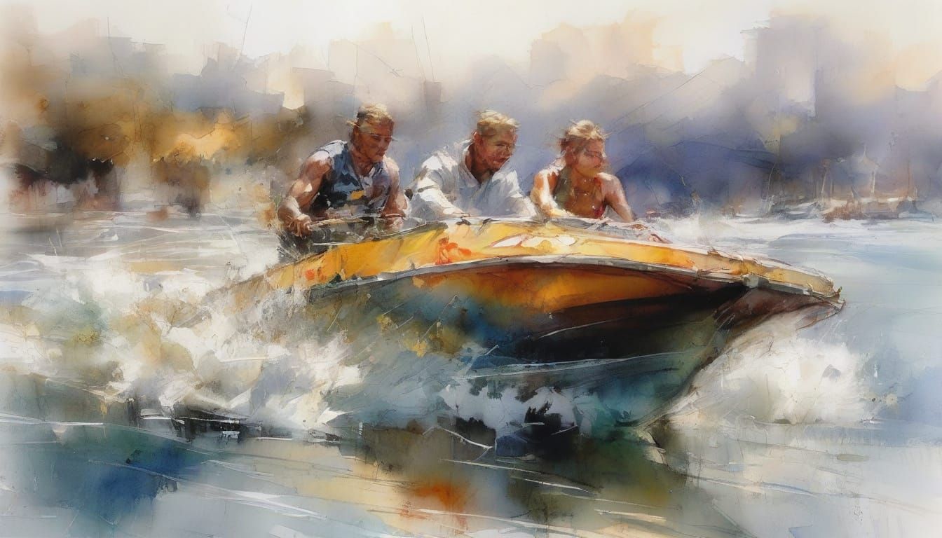 Speed Boat Race in Watercolour Splash Art Style