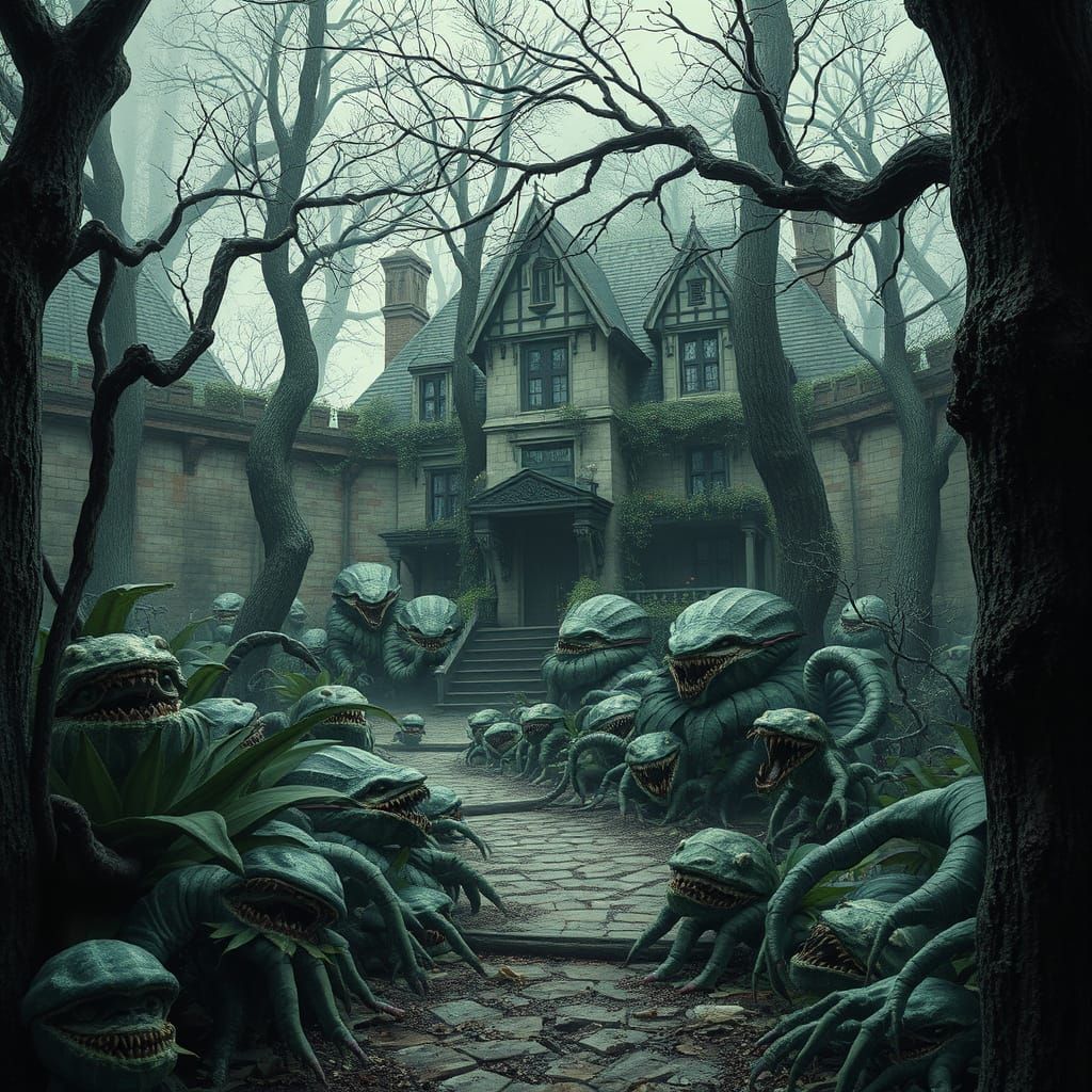 An eerie overgrown walled mansion garden with carnivorous-lo...