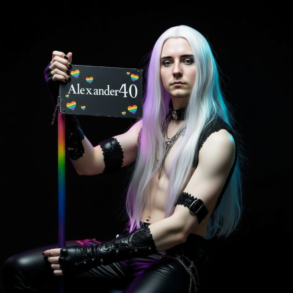 Goth Man in Leather Holding Rainbow Sign