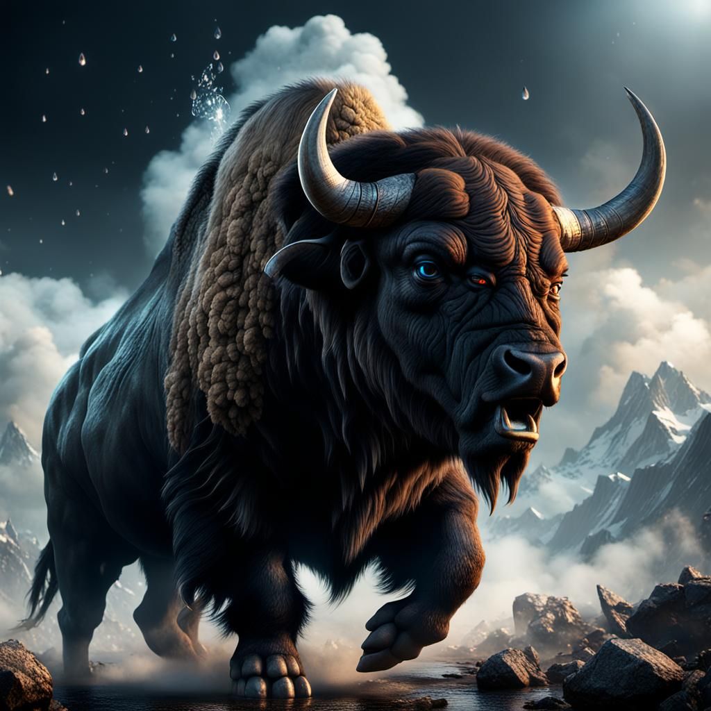 Angry Buffalo Emerges from Storm in 3D Game Art