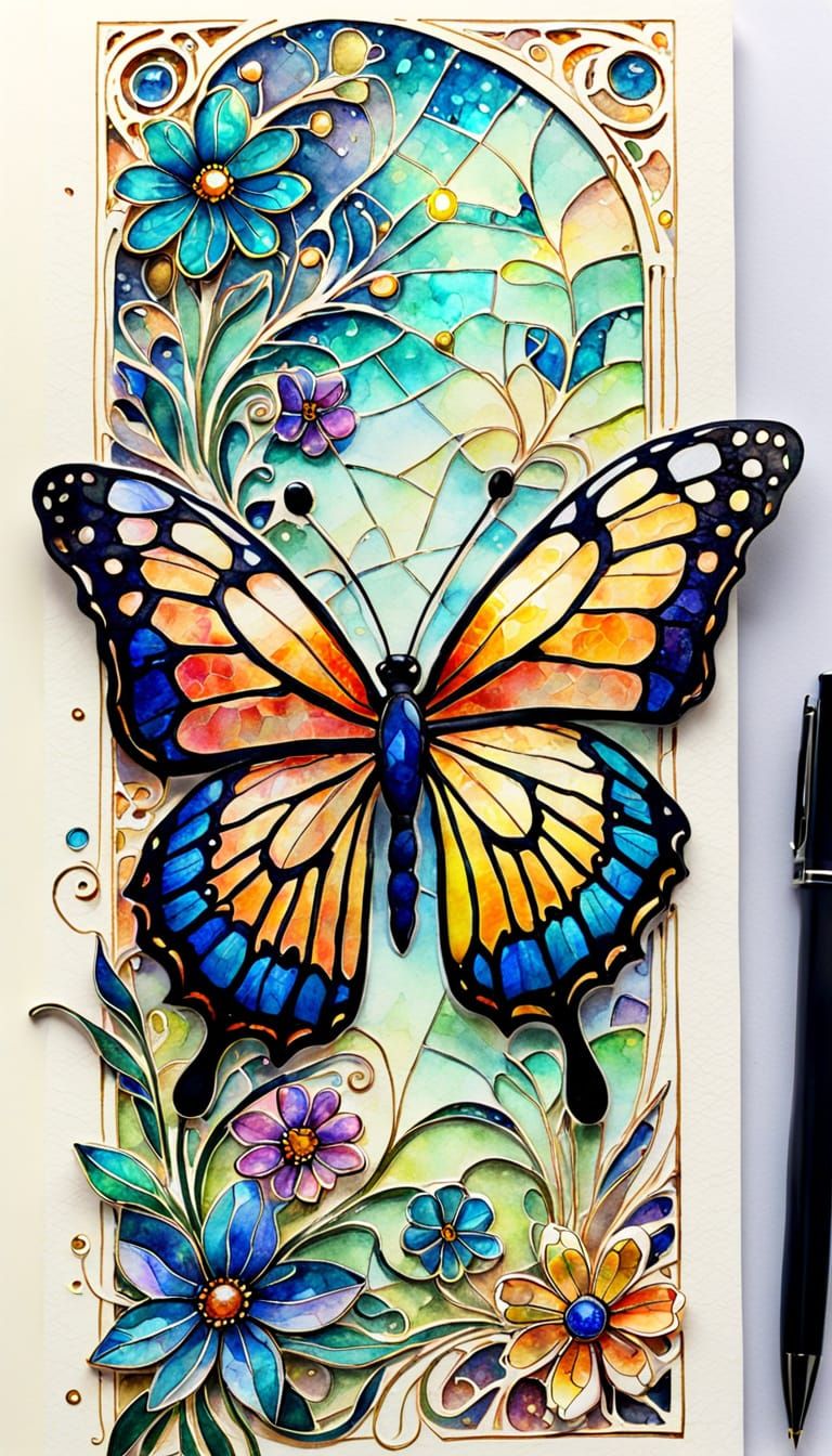 Dreamy Cosmic Bookmark with Shimmering Stain Glass Butterfly...