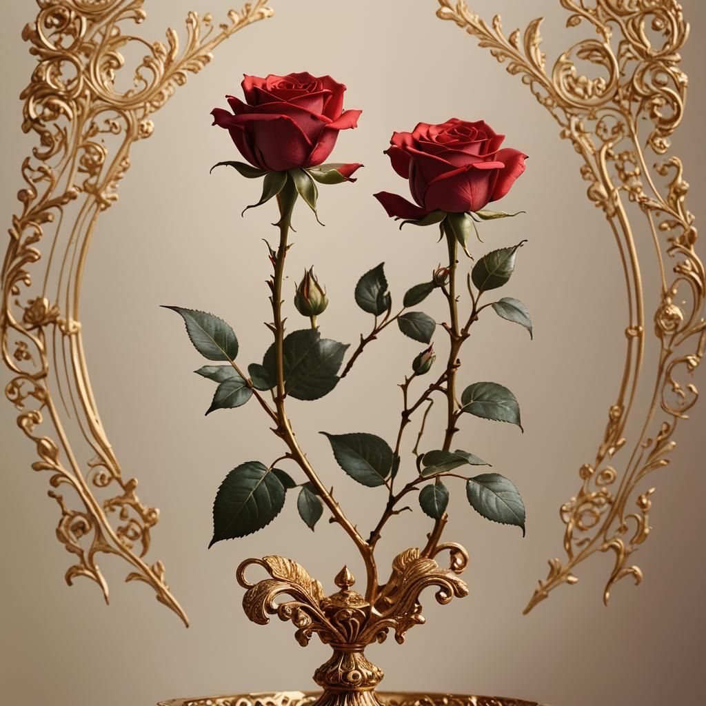 Delicate Red Rose Still Life with Gold Accents