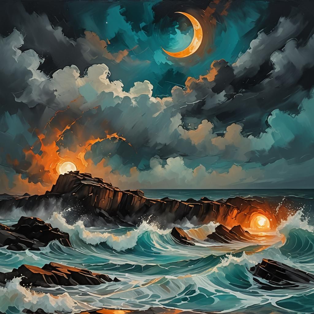 Abstract Expressionist Ocean Waves at Night