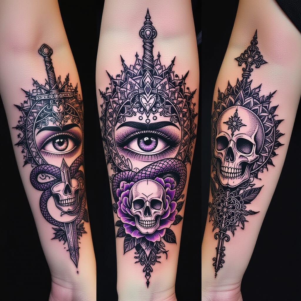 Gothic Tattoo Flash Sheet: Eyes, Serpents, Skulls