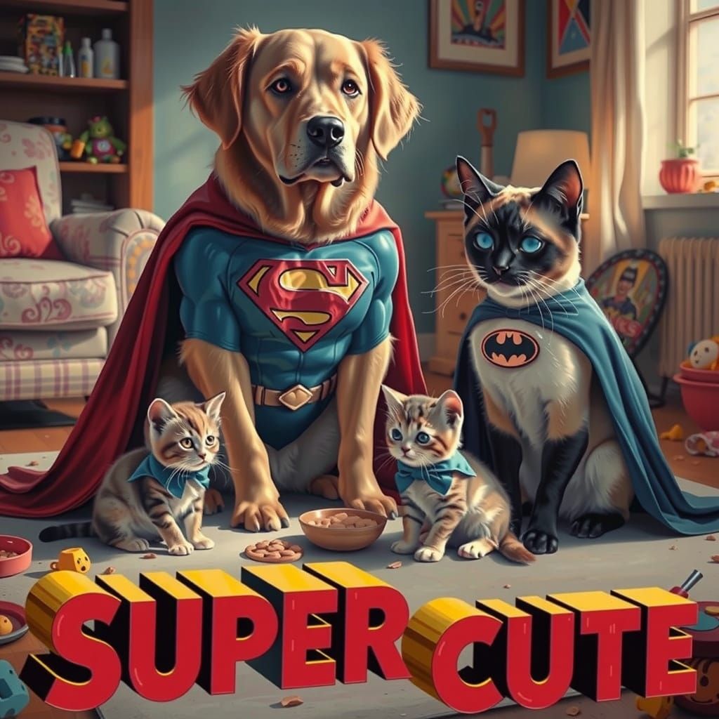 Superman-Dog and Batman-Cat Co-Parenting Kittens