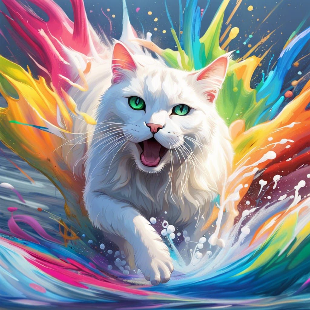 Majestic White Cat Pouncing into Rainbow Paint