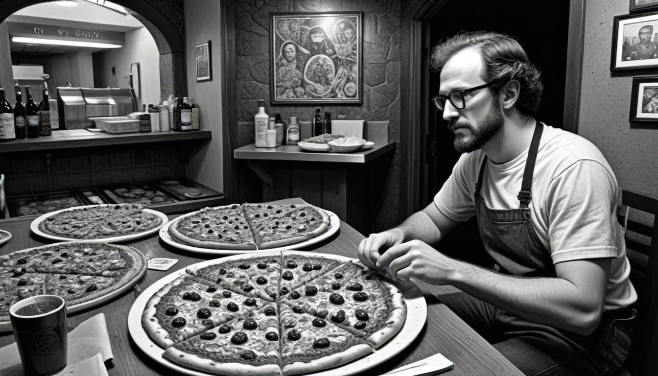 Man Eating Pizza in Underground Comic Style