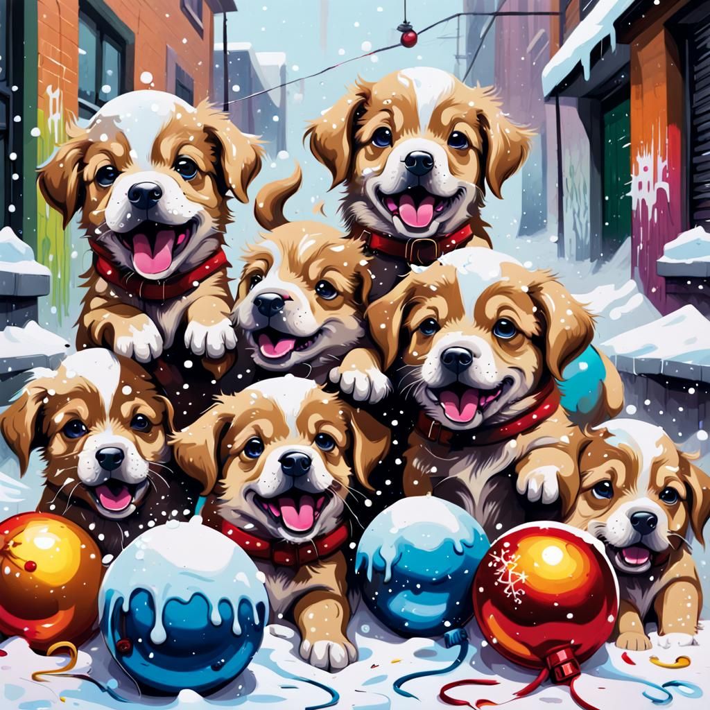 Festive Puppies in Graffiti Art Style