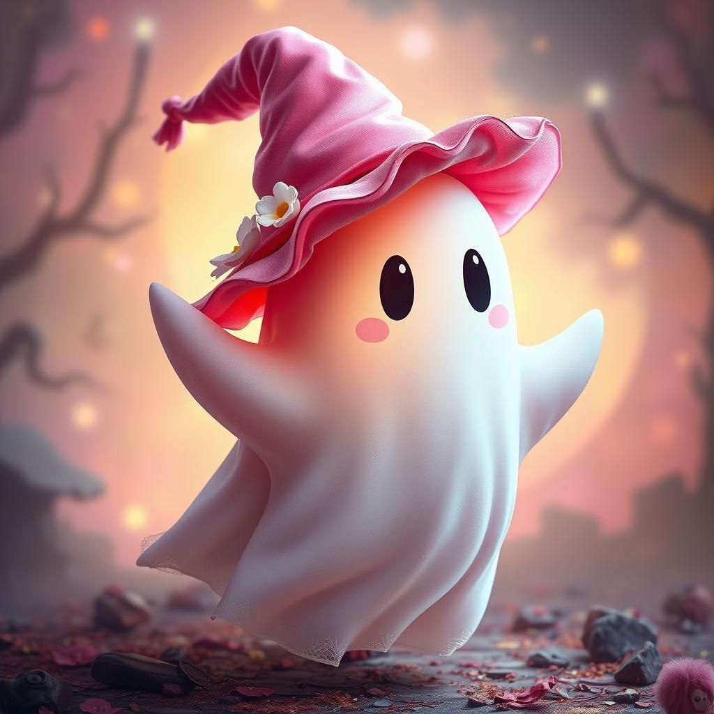 Playful Ghost in Pink Witch Hat, Fantasy Art