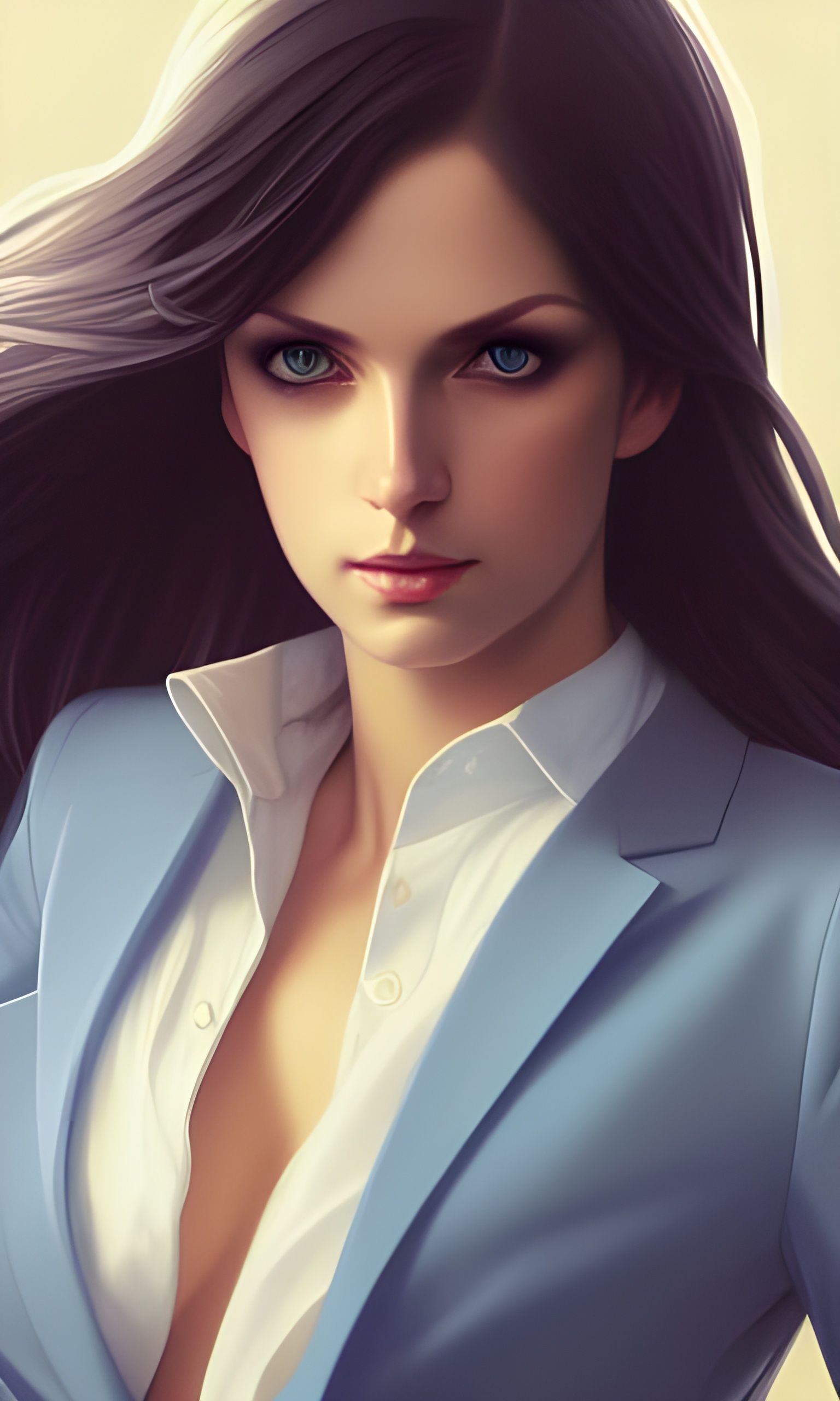 Seductive Woman in Black Suit, Hyperdetailed Portrait