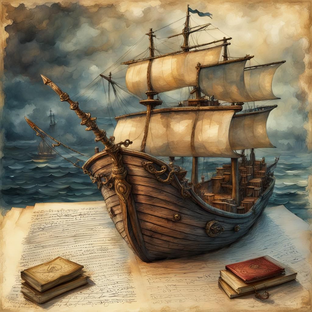 Pirate Ship on Journal Page in Watercolor Style