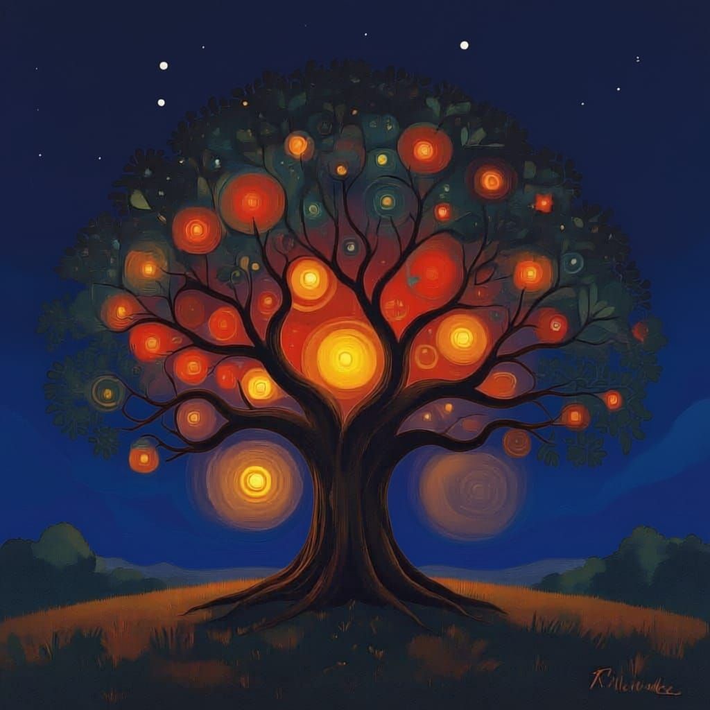 Mystical Tree with Swirling Autumn Light