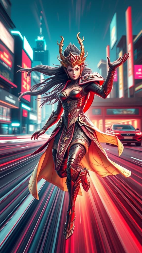 Deity of Velocity Amidst Neon Cityscape