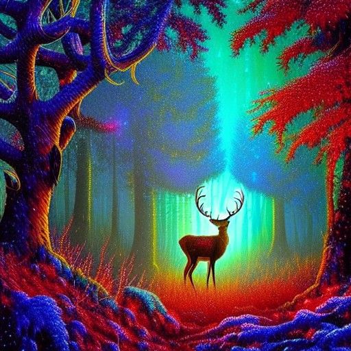 Deer in Forest: Renaissance Fantasy Oil Painting
