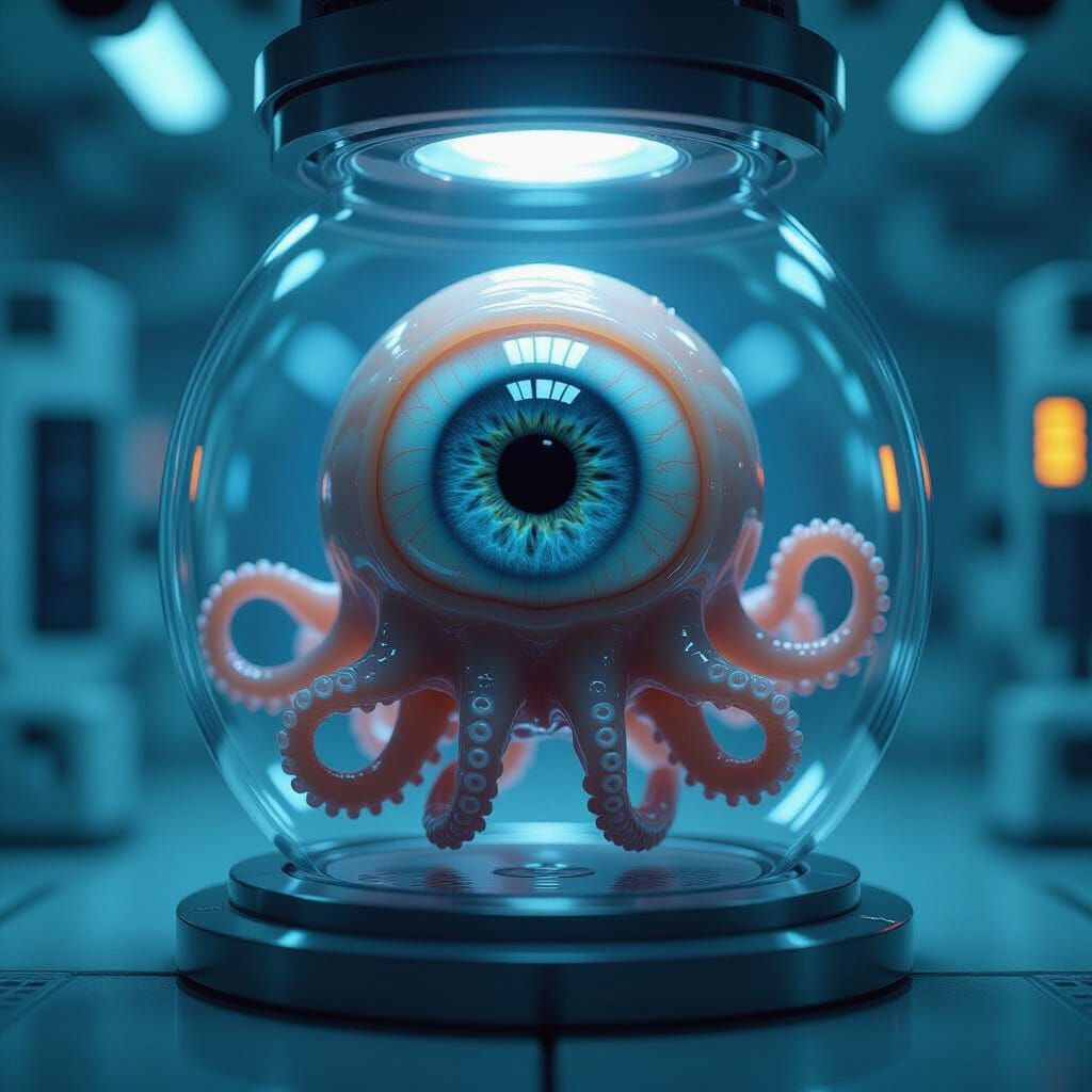 Sentient Eyeball Parasite in Futuristic Lab