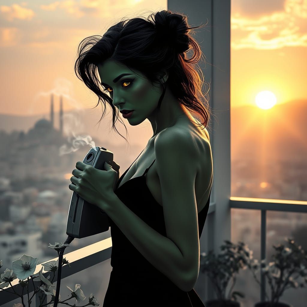 Mysterious Woman Embracing Sci-Fi Urban Landscape