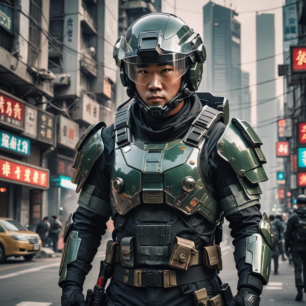 Futuristic Tactical Sci-Fi Warrior in Chinese City